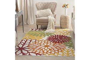 Nourison Home Aloha Indoor/Outdoor Red Multi Colored 5'3" x 7'5" Area Rug, Tropical, Botanical, Easy Cleaning, Non Shedding, Bed Room, Living Room, Dining Room, Deck, Backyard, Patio (5x7)