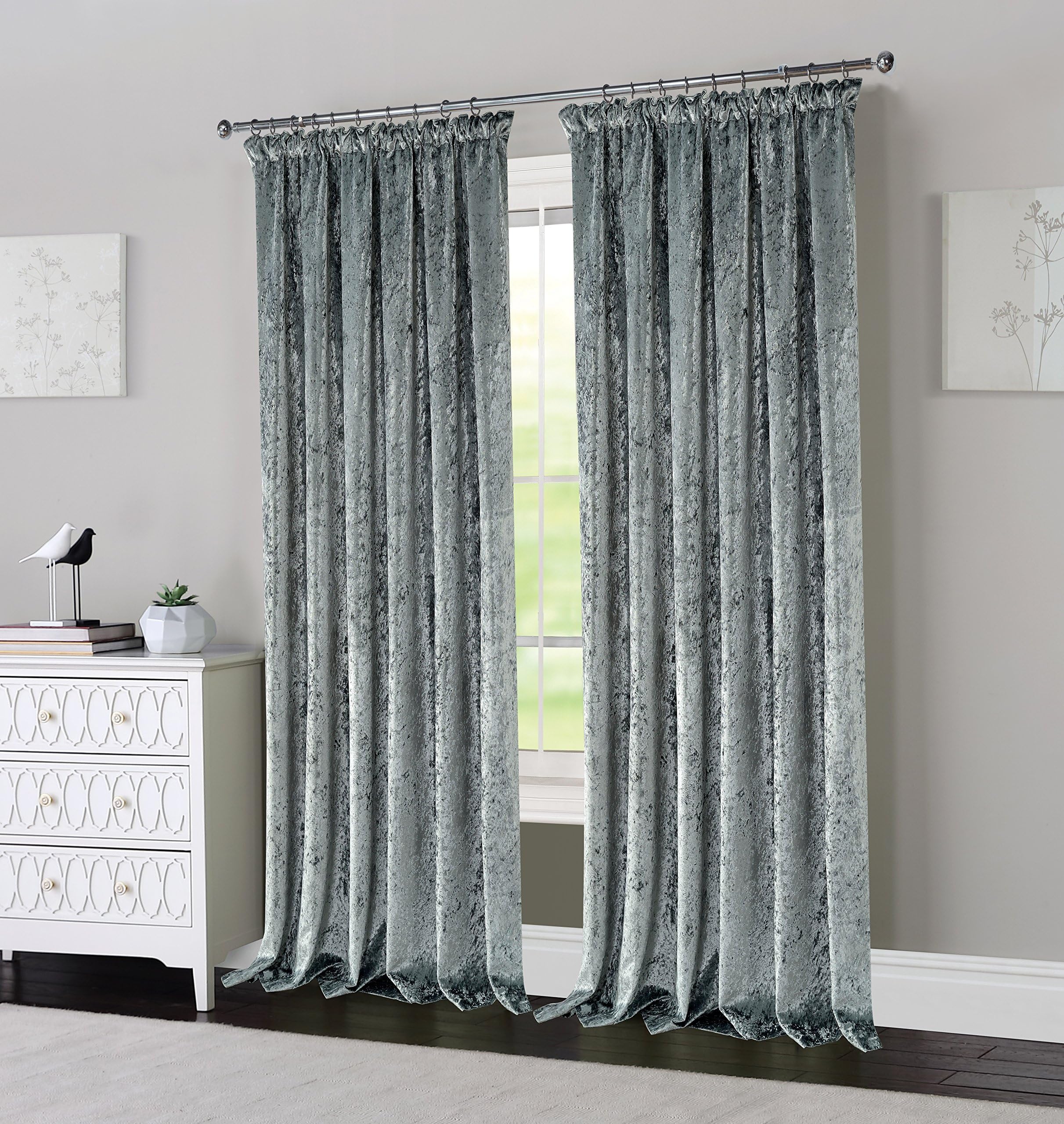 [hachette] LUXURY CRUSHED VELVET PENCIL PLEAT CURTAINS [SILVER GREY 66" x 90"] THERMAL FULLY LINED