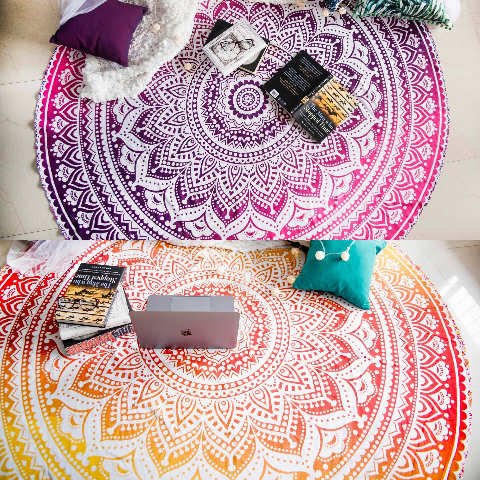Set of 2 Round Beach Blanket or Mandala Tapestry Hippie Indian Picnic