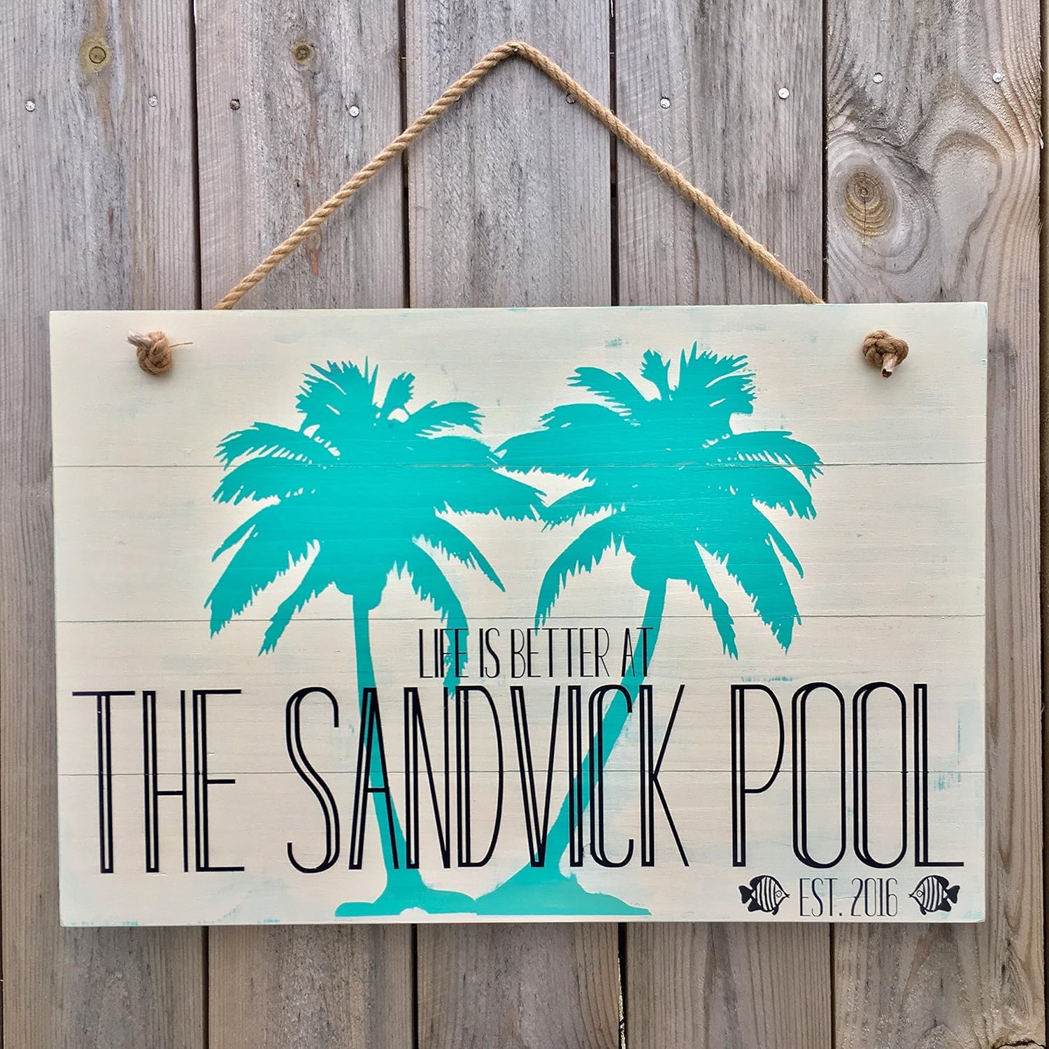 Personalized Wood Pool Sign with Palm Trees Handmade