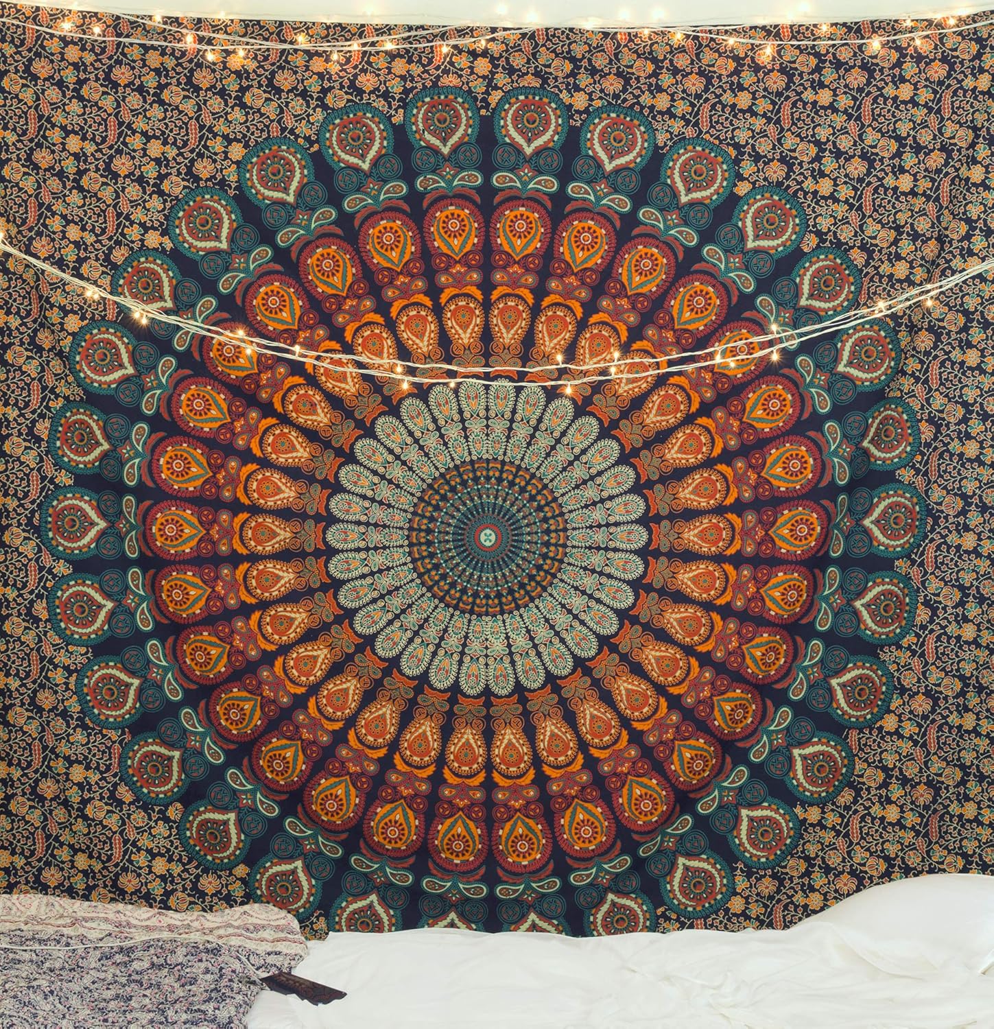 Tapestries - Popular Handicrafts Hippie Mandala Bohemian Psychedelic Intricate Floral Design Indian Bedspread Magical Thinking Tapestry 84x90 Inches,(215x230cms) Blue