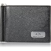 Armani Exchange A|X mens Plate Logo Saffiano Leather W/Money Clip Bifold Wallet, Black, Small US
