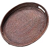 i-lan Dark Brown Oval Rattan X-Large Serving Tray for Fruit,Breakfast,Drinks,17 Inch Ottoman Wicker Woven Serving Basket Tray with Handle and 2.5" High Wall