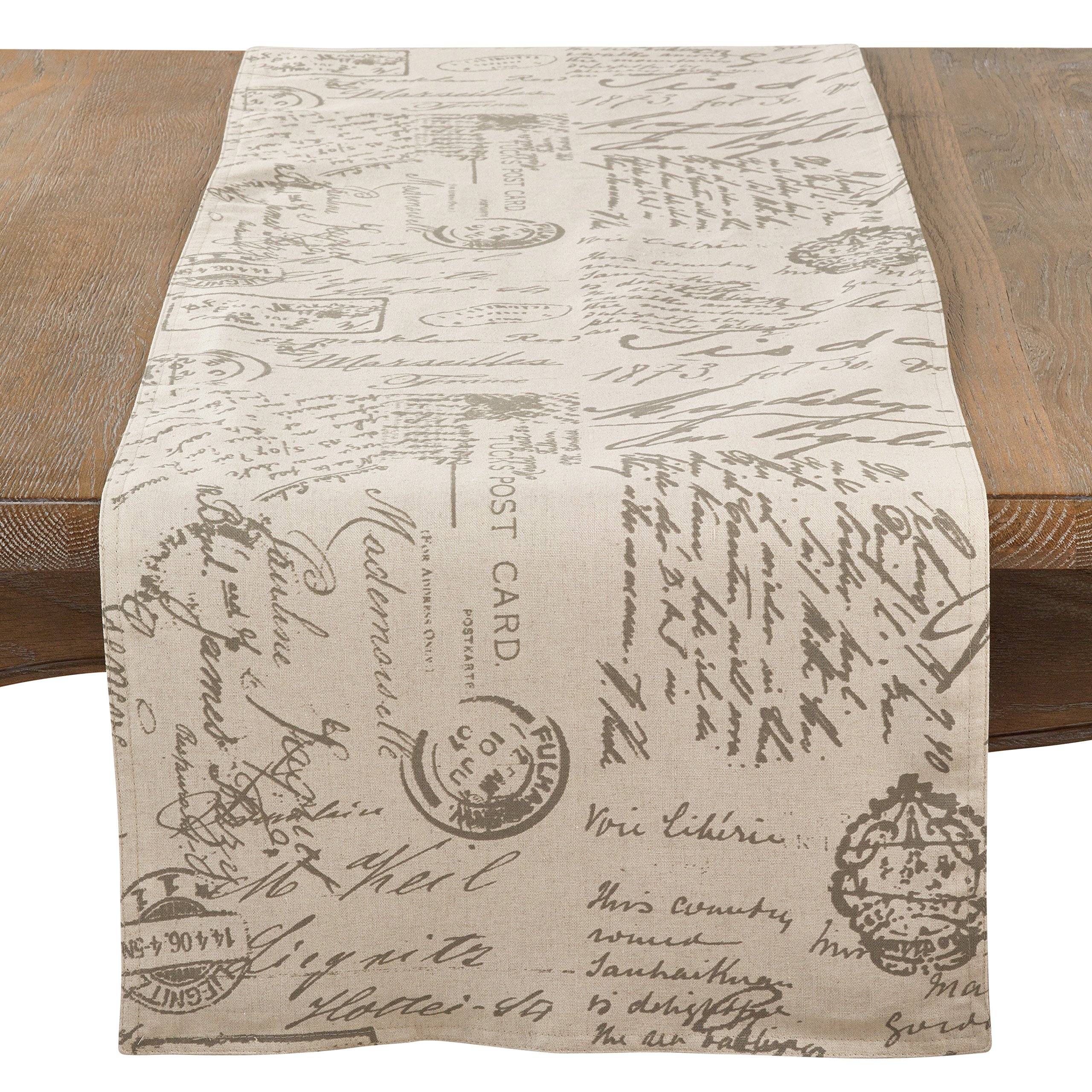 SARO LIFESTYLE 0044.N16120B Aidy Collection Vintage Script Print Design Table Runner, 95% Polyester-5% Linen, Natural