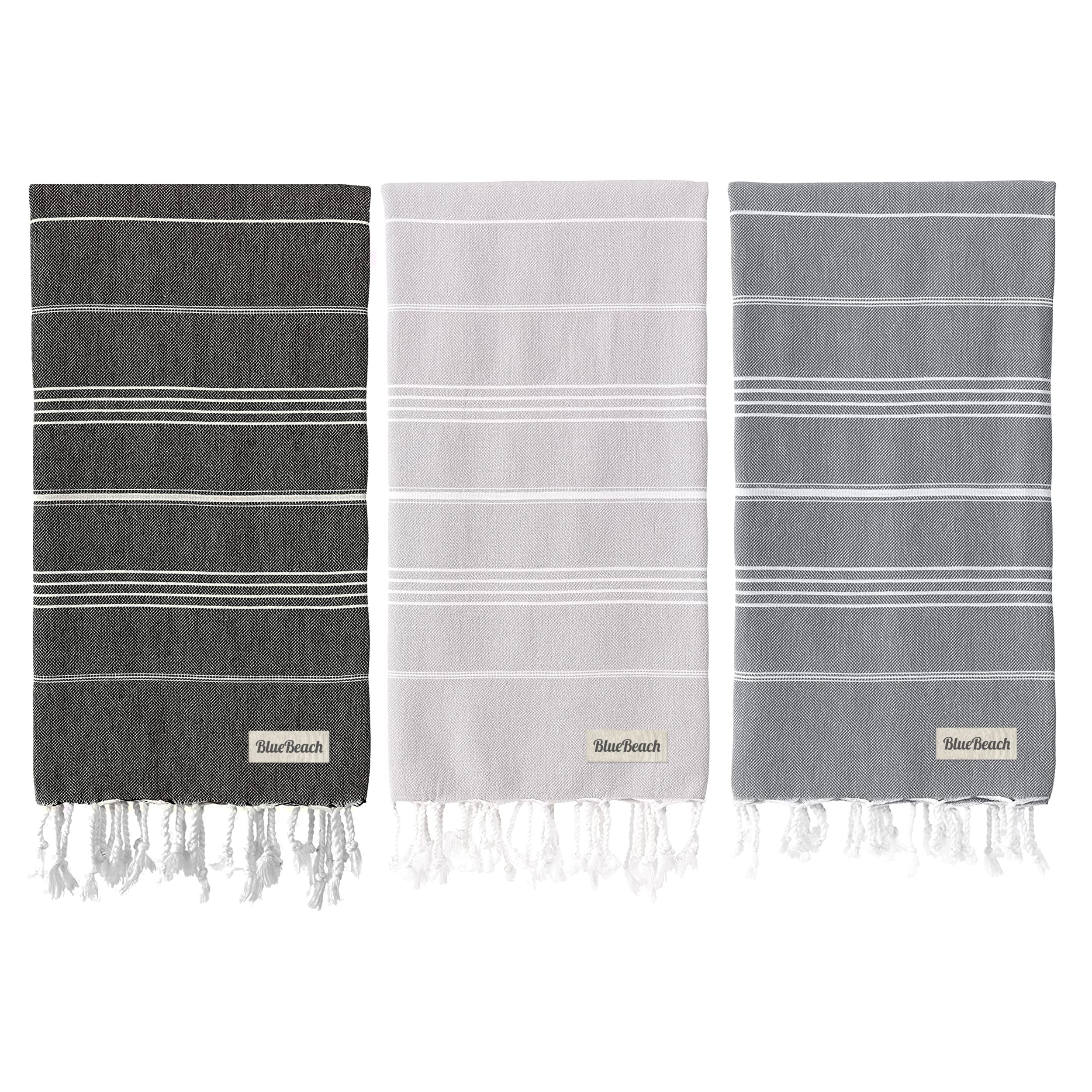 Blue Beach 3 Set Turkish Beach Towels-100x180cm Large Turkish Hammam Peshtemal Towel - Super Absorbent, Lightweight, Compact for Swimming, Bath, Gym, Sauna and Travel (Silver Grey,Dark Grey,Black) — image 1