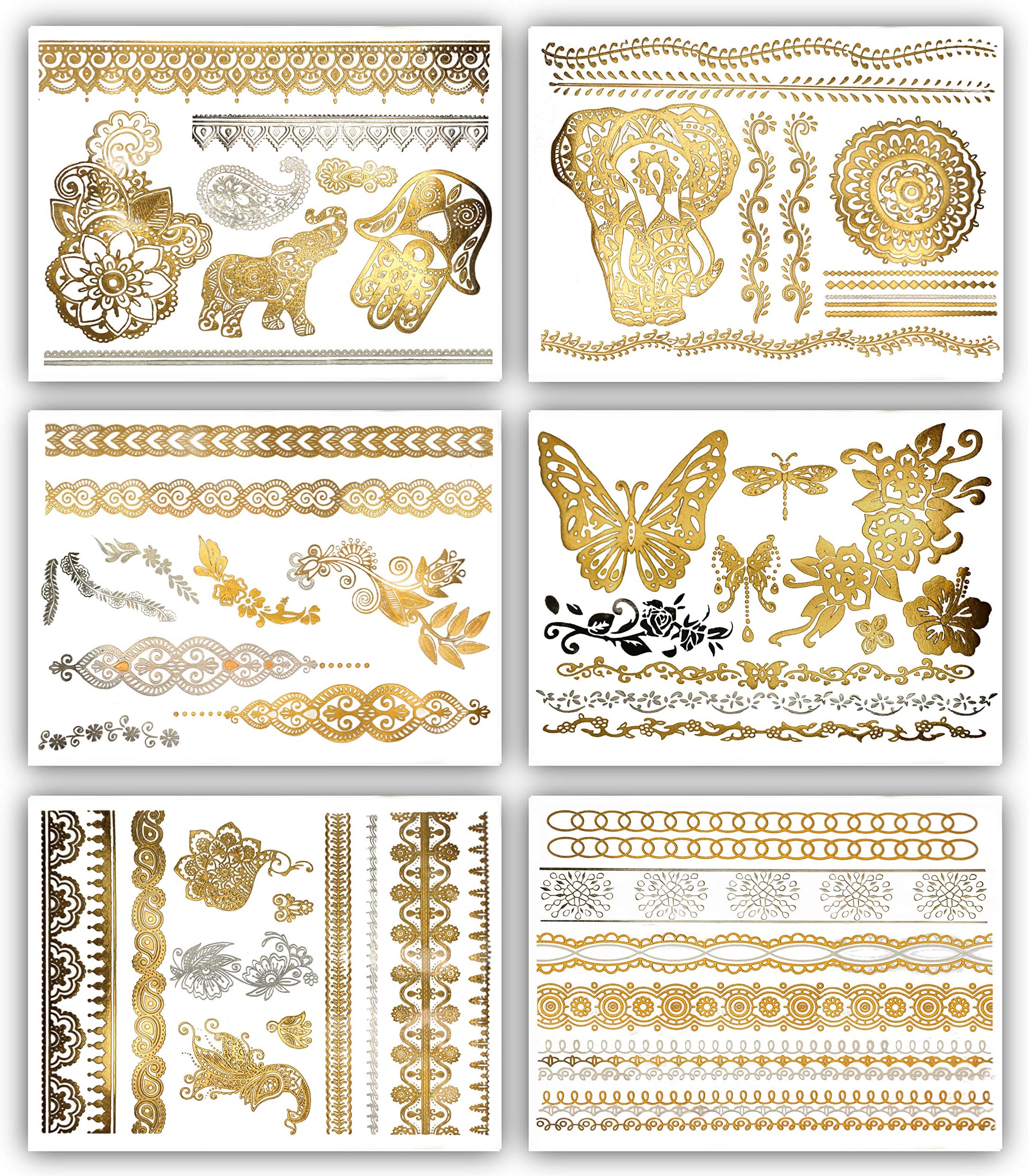 Terra Tattoo Temporary Metallic Tattoos - Over 75 Designs (6 Sheets) Gold and Silver Dawn Collection
