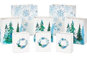 Hallmark Christmas Gift Bags - White with Wreaths, Snowflakes and Trees (8 Recyclable Bags: 3 Small 6", 3 Medium 9", 2 Large 13") for Holiday Parties, Hanukkah, Winter Weddings
