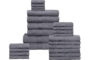 Hillfair 24 Piece Bath Towel Set - 100% Cotton - 2 XXL, 4 Bath, 6 Hand, 4 Fingertip, 8 Washcloths: Platinum