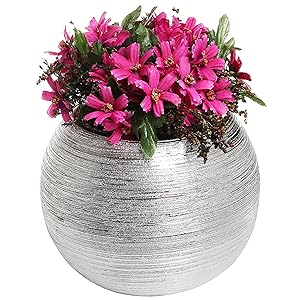 7-Inch Round Modern Silver-Tone Metallic Ceramic Plant Flower Planter Pot, Decorative Bowl Vase