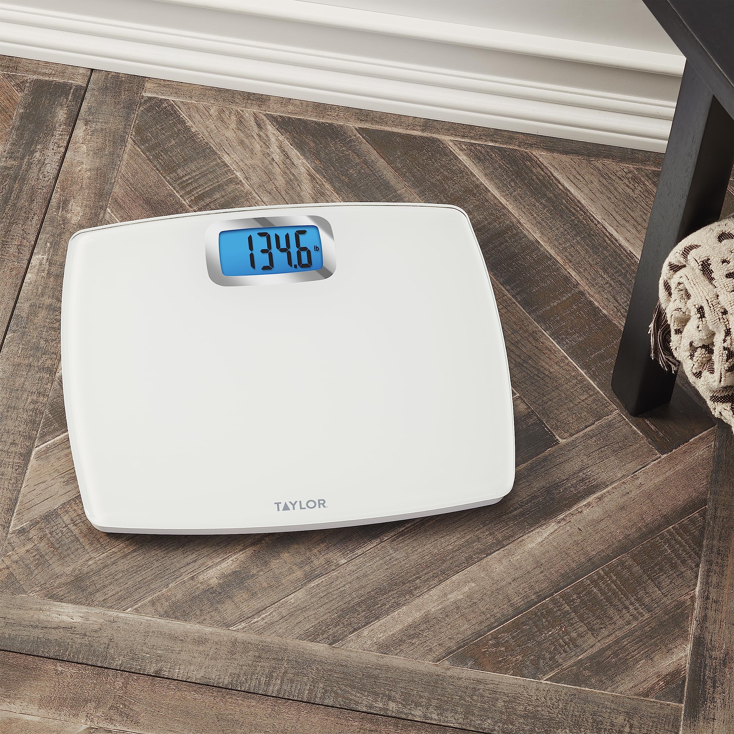 Taylor Digital Scales for Body Weight, Extra High Accurate 440 LB Capacity, Unique Blue LCD, Bright White Finish Extra LargePlatform, 12.2 x 13.5 Inches, White