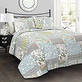 Lush Decor Roesser Reversible Cotton Quilt King Size 3 Piece Set Blue - Floral Bedding Set King Quilt - Patchwork Quilts - Cottage Core Decor