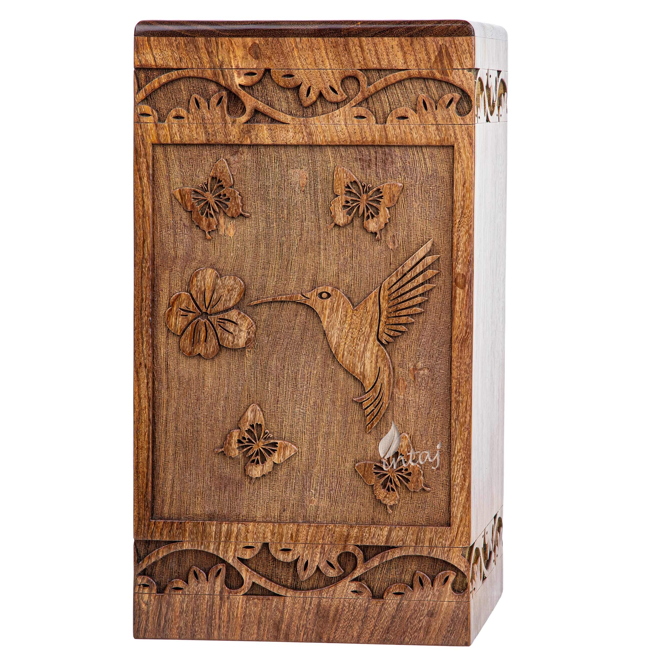 INTAJ Rosewood Cremation Urn for Adult Ashes - Hand-Crafted Humming Bird Design, Burial Urn Box (Large - 11.25Hx6.25W, 250 Cu/in)