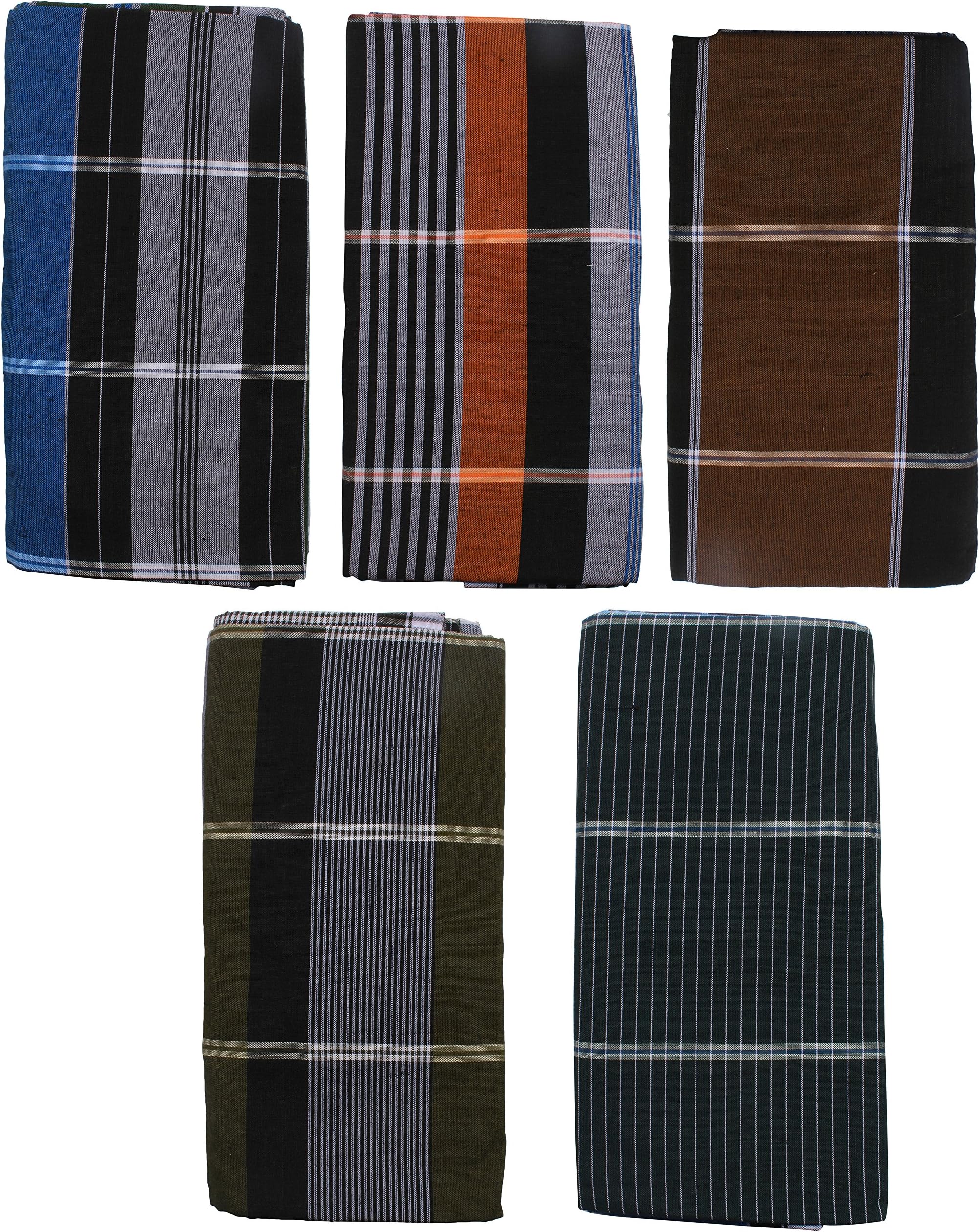 HTC Saree Men's Cotton Lungi Blue and Green_Free Size (Pack of 5)