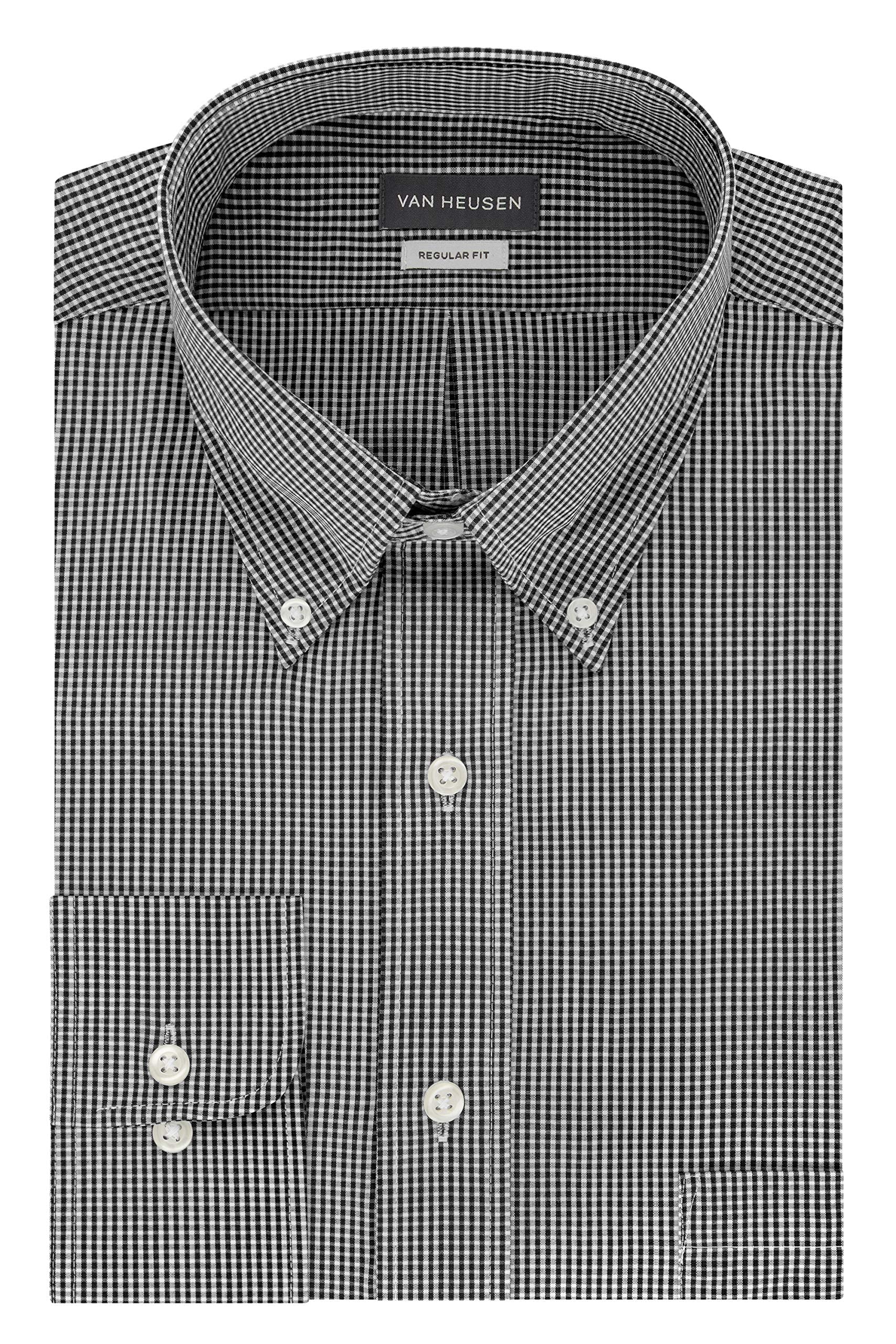 Van Heusen Men's Regular Fit Gingham Button Down Collar Dress Shirt, Black, Large