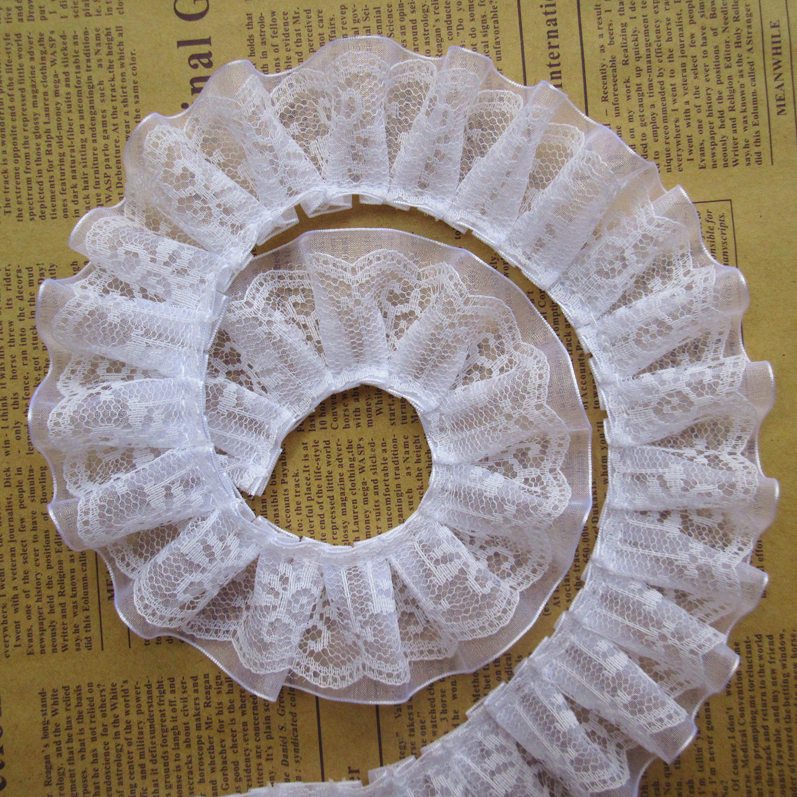 Photo 1 of 10 Yard Pleated Organza Lace Edge Trim Ribbon 1-1/2 inch Wide Assorted Colors Trimming Ruffle Fabric Embroidered Sewing Craft Wedding Bridal Dress Party Decoration Clothes Embellishment (White)