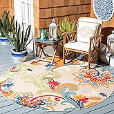 SAFAVIEH Washable Rug Outdoor Cabana Collection - 6'7" Round, Ivory & Blue, Non-Shedding & Easy to Clean, Ideal for Patio, Ba
