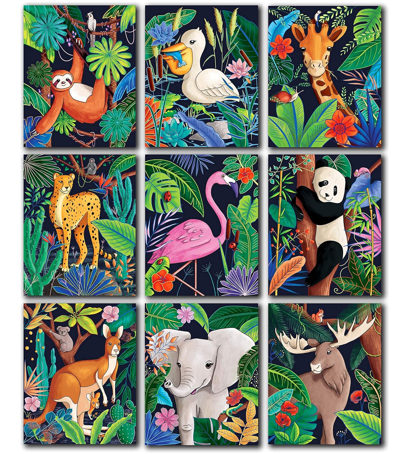 Woodland Safari Jungle Animal Poster - Nursery Wall Decor, Safari Nursery Decor, Woodland Wall Decor, Animal Wall Decor, Animal Wall Art, Poster for Boys Room Decor, 8x10 Inches Unframed Set of 9