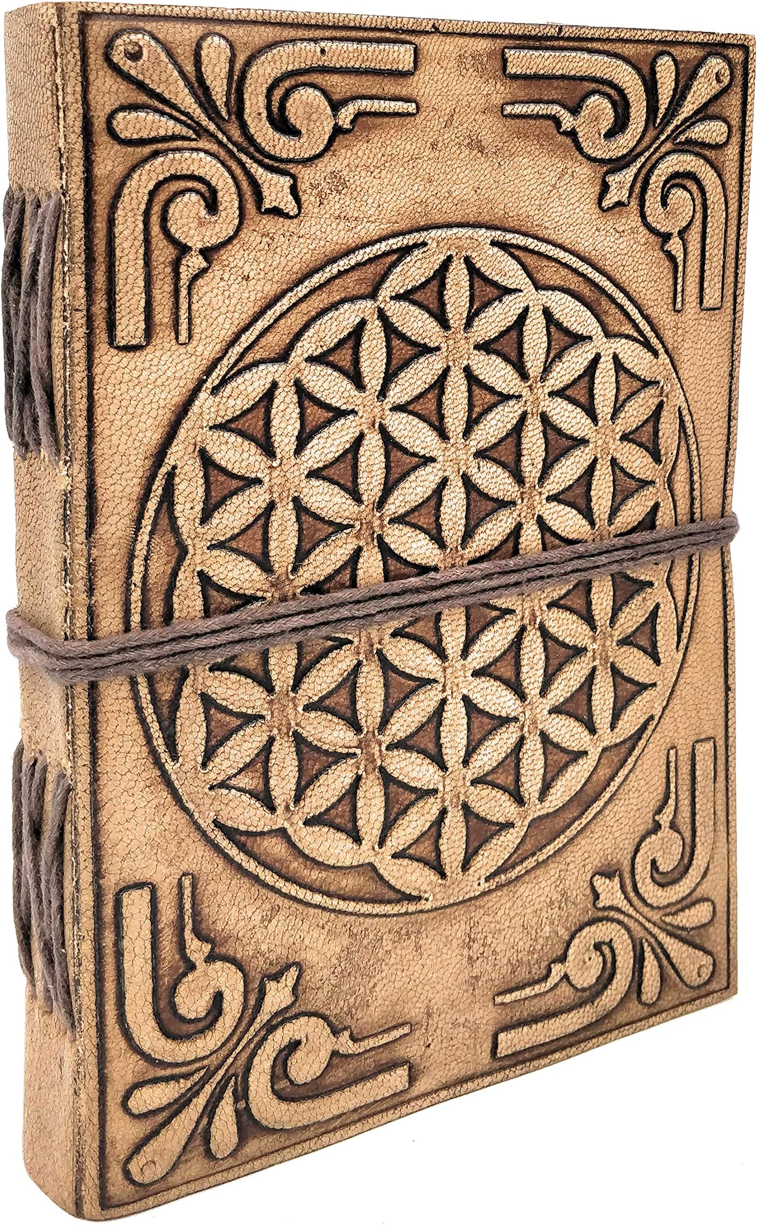 Kooly Zen Flower of Life Notebook, Notebook, Journal, Book, Genuine Leather, Vintage, Light Brown - Beige, 12.50 cm x 17.50 cm Premium Recycled Paper