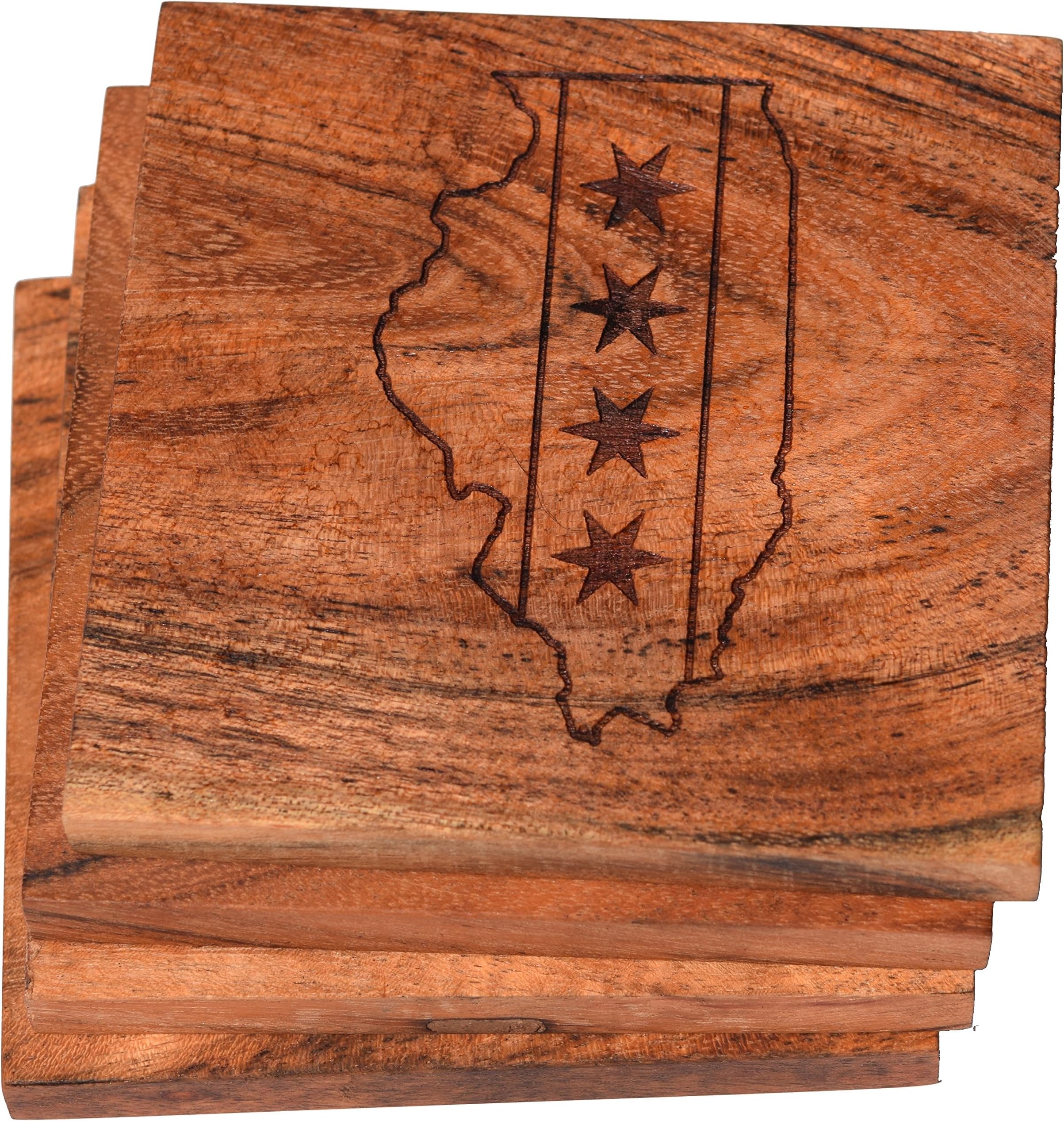 Chicago Illinois Coasters, Chicago Flag Drink Coasters – Chicago Souvenirs & Gifts, Engraved Acacia Wood Coasters with Chicago City Flag Design - Chicago, Illinois Themed Gifts (Set of 4)