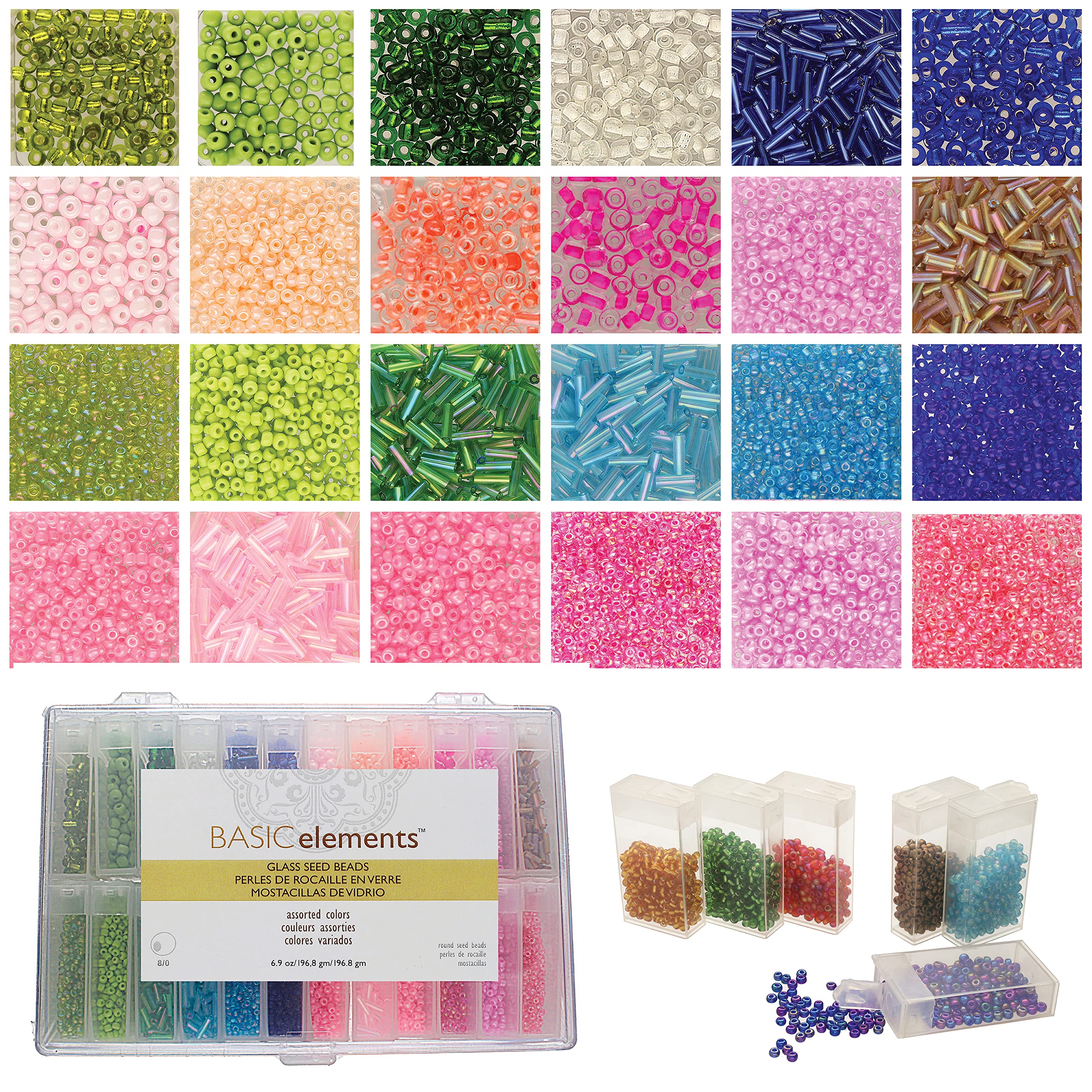 The Beadsmith Basic Elements Glass Seed Beads, Assorted Colors, 11/0 & 6/0 Rounds & 5mm Bugle Beads, Approx. 21,600 Beads, 24 flip-top Boxes in a Storage Box, for Jewelry Making