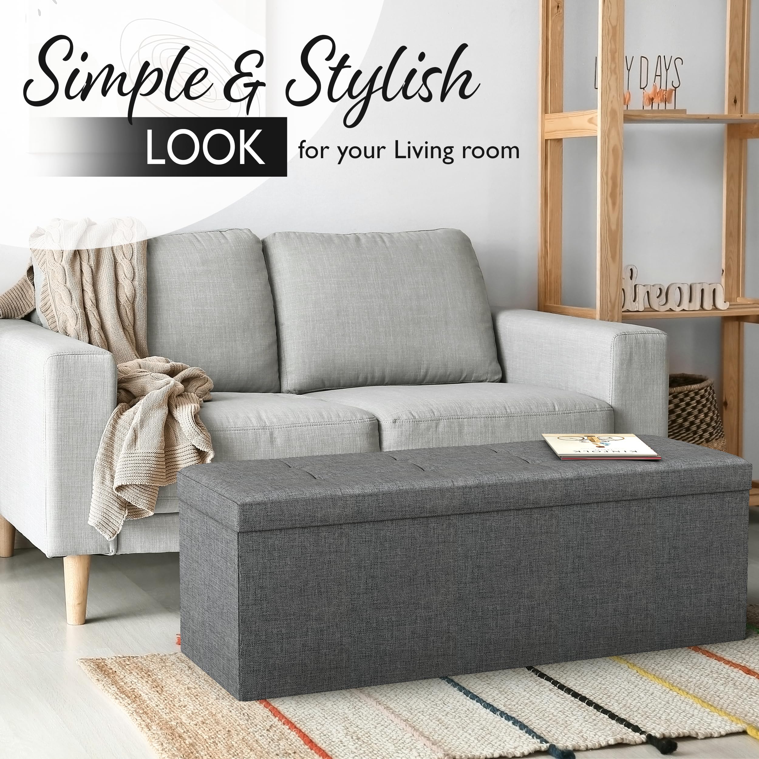 43" Folding Storage Ottoman Bench for Living Room, Bedroom, TV Entertainment - Bedroom Bench with Hidden Storage, Foot Rest Stool - 660 Capacity & Holds up to 5.6 Cubic Feet of Storage - DARK GREY - Image 5