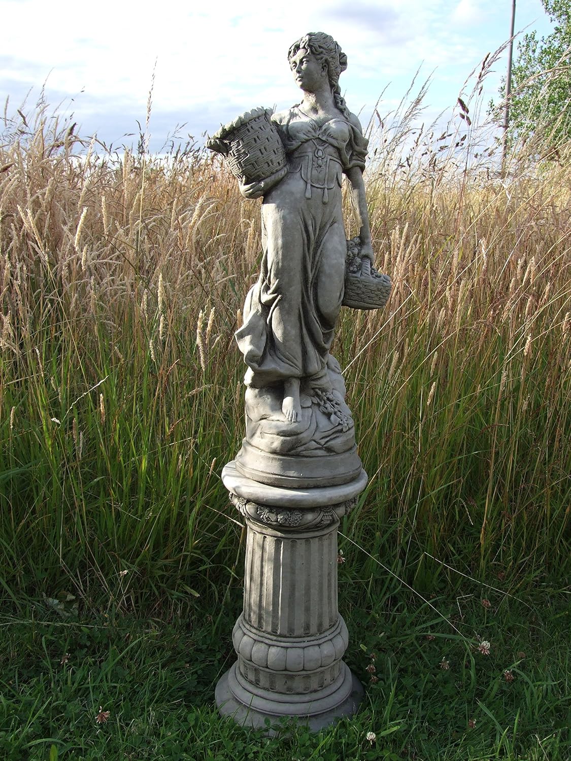 LARGE BASKET LADY ON COLUMN HAND CAST STONE GARDEN ORNAMENT/STATUE