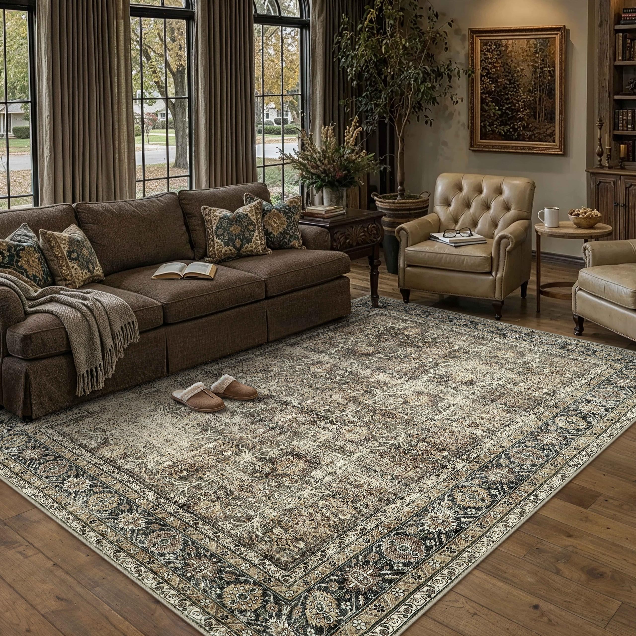 PureCozy Vintage Area Rug 5x8 Brown Washable Living Room Large Carpet Non Slip Bedroom Indoor Office
