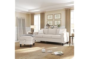 ZeeFu Convertible Sectional Sofa Couch,Modern Beige Linen Fabric Upholstered 3-Seat L-Shaped Sofa Couch Furniture Set with Reversible Storage Ottoman and Pockets for Living Room Small Space Apartment
