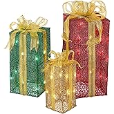 National Tree Company lit Artificial Christmas Décor 3-Piece Set Includes Pre-Strung White Mini Lights Sisal Gift Boxes