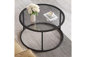 SAYGOER Round Coffee Table Glass Coffee Tables for Small Space Simple Modern Center Table for Living Room Home Office, Sofa Side Table with Metal Steel Frame, Easy Assembly, Gray Black