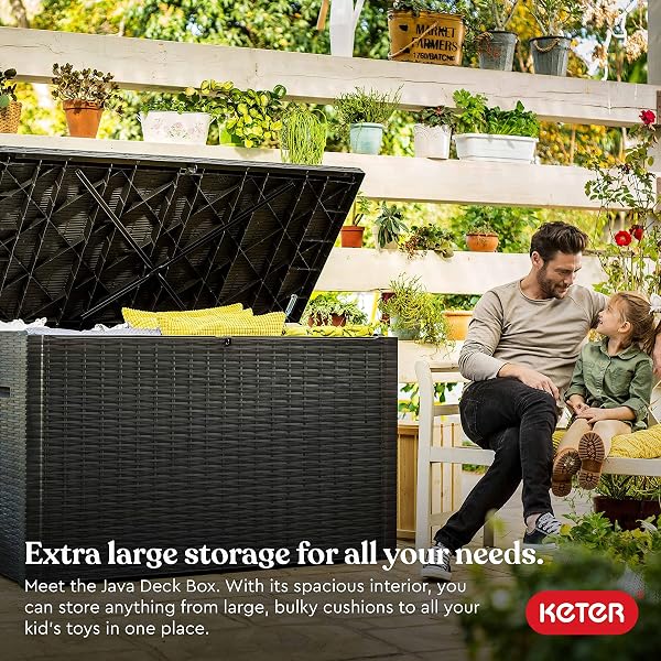KETER JAVA XXL 230 GALLON RESIN RATTAN LOOK LARGE OUTDOOR STORAGE DECK BOX FOR PATIO FURNITURE CUSHIONS, POOL TOYS, AND GARDEN TOOLS, DARK GREY