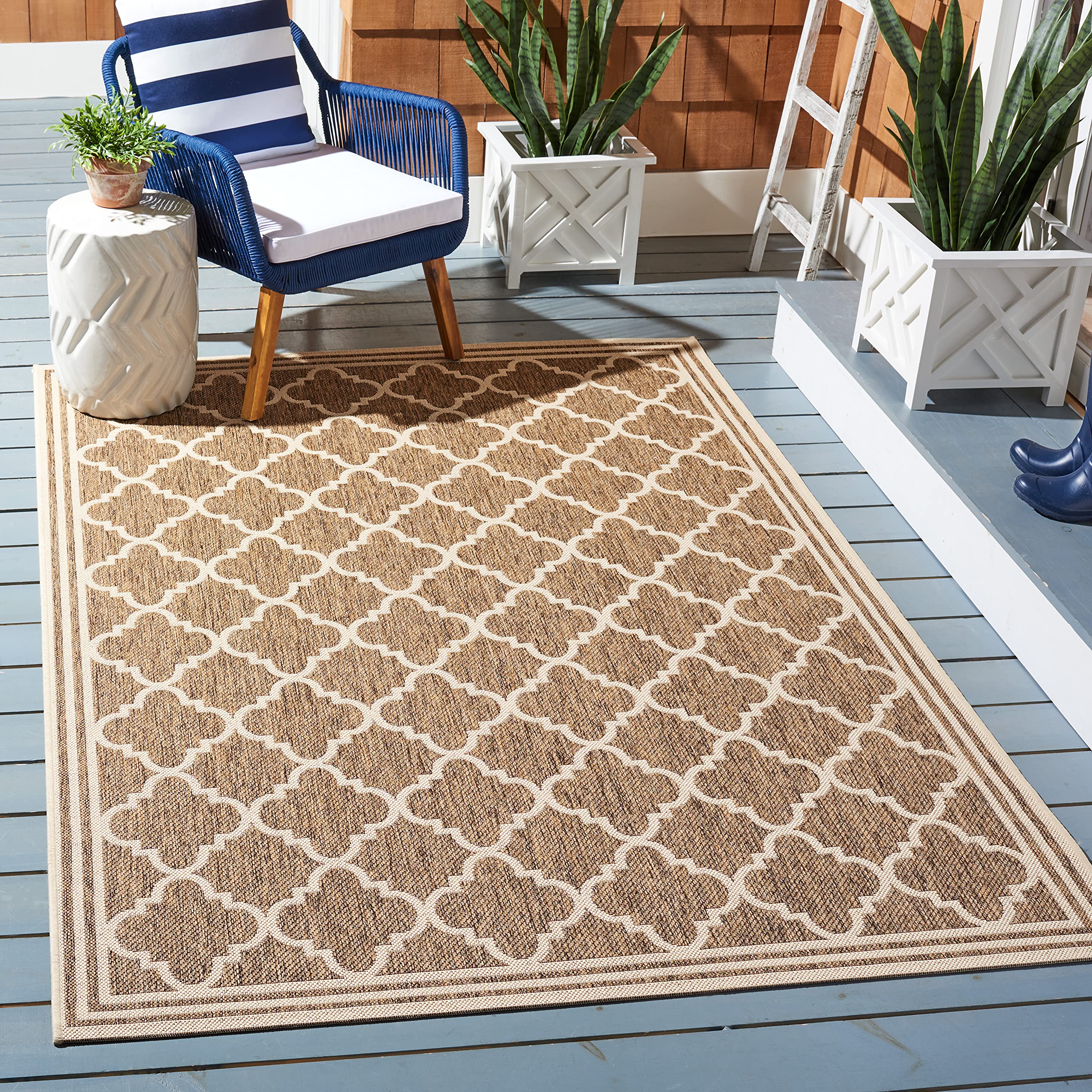 Safavieh Trellis Indoor/Outdoor Woven Rectangle Area Rug, Beachhouse Collection, BHS121, in Beige / Cream, 91 X 152 cm for Garden, Patio or Any Outdoor Space