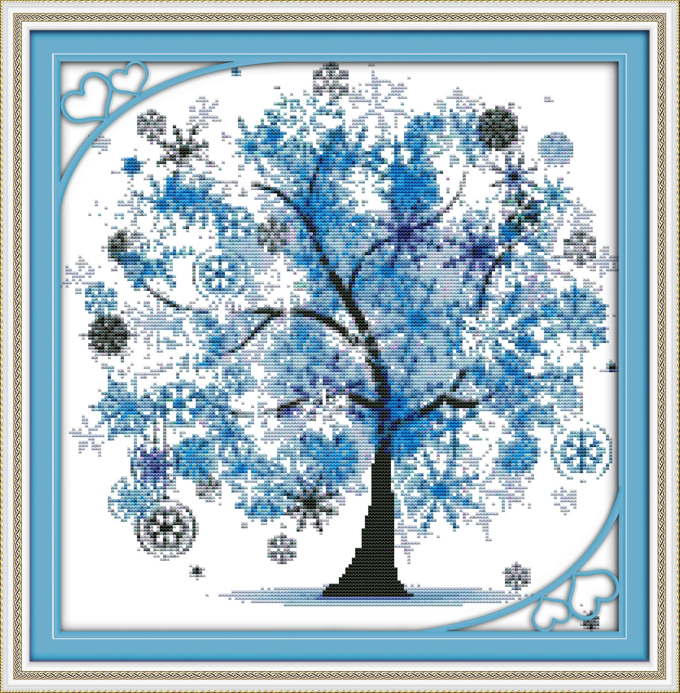 OWN4B Cross Stitch Kits Stamped, Happy Tree (4) Printed Pattern 11CT 19.3x20.1 inch DIY Embroidery Kit