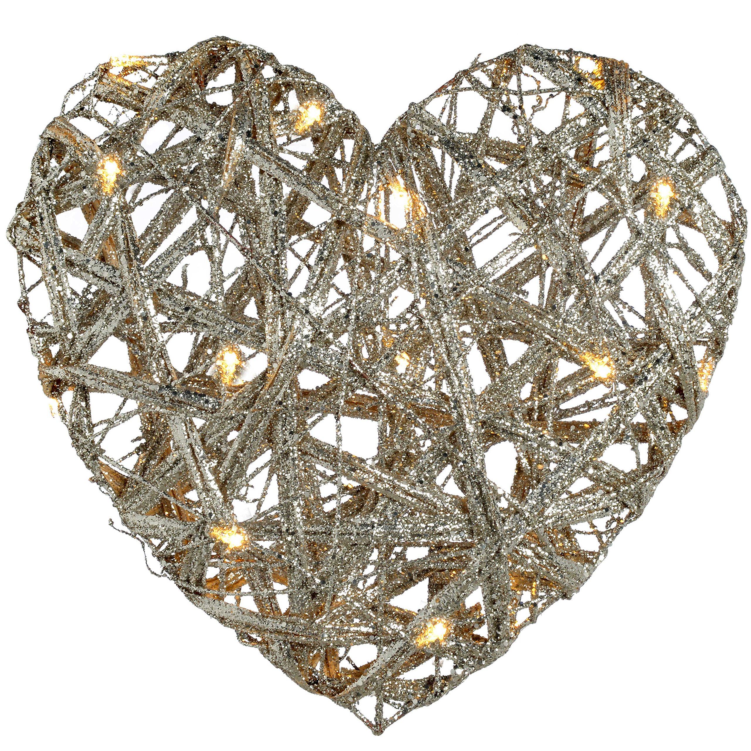 WeRChristmas Pre-Lit Silver Woven Rattan Warm White LED Heart Decoration with Glitter Coating, 36 cm - Multi-Colour