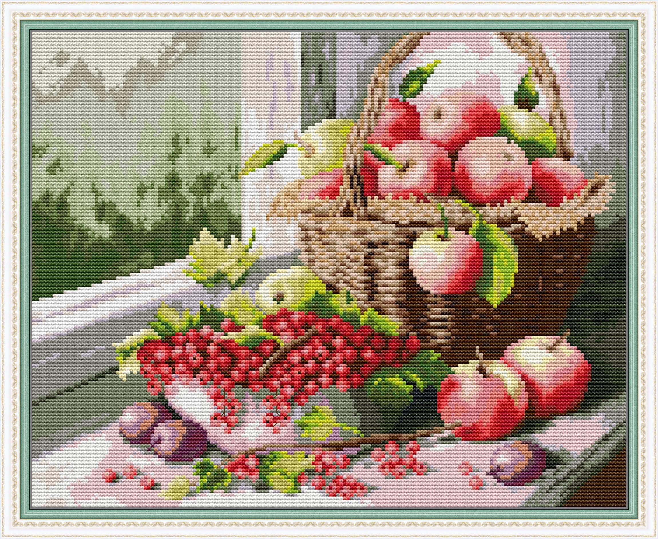 CaptainCrafts Cross Stitch Kits, Preprinted 11CT Fabric Cross Stitch DIY Art DMC Needlecrafts Embroidery Kits For Adults Beginners (Apples and Cherries, Stamped 11CT)