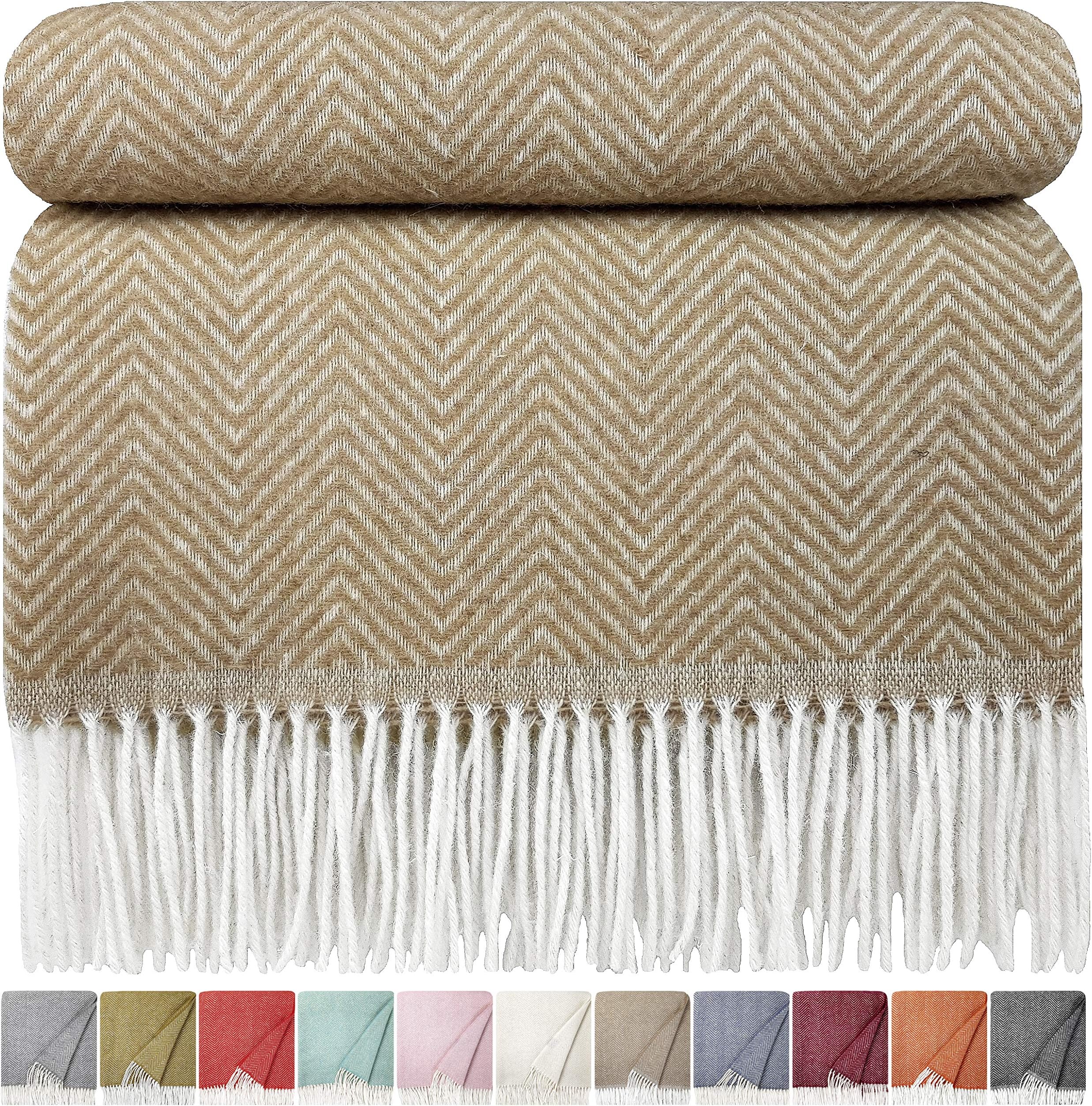 STTS International Plaid, Blanket, Throw, Bedspread, Sofa, Bed, 80% Wool, 55"x 78"(140x200 cm), colour: beige- white