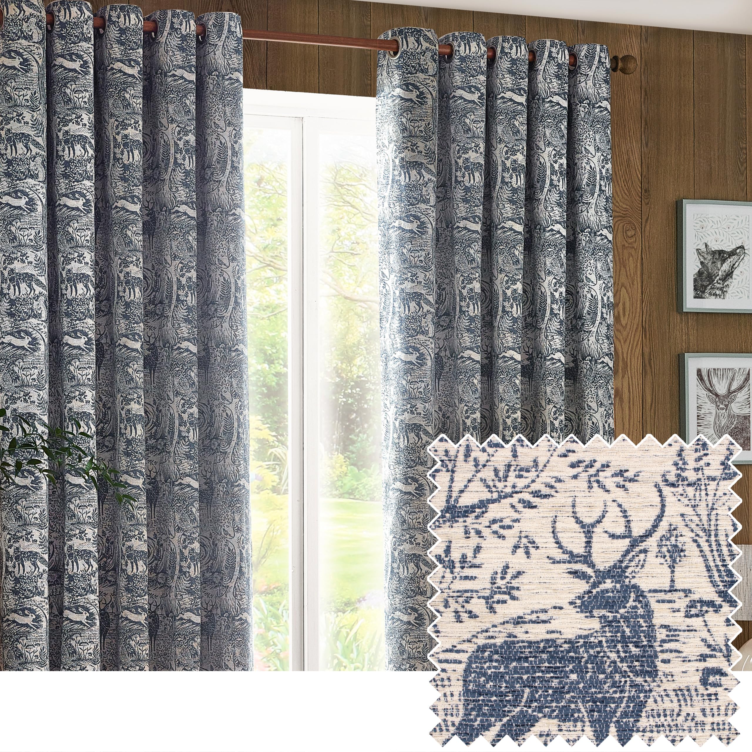 furn. Winter Woods Chenille Room Darkening Eyelet Curtains – Woodland Animals Pattern (Midnight - Width x Drop: 229 x 183cm / 90 x 72, 2 Panels)