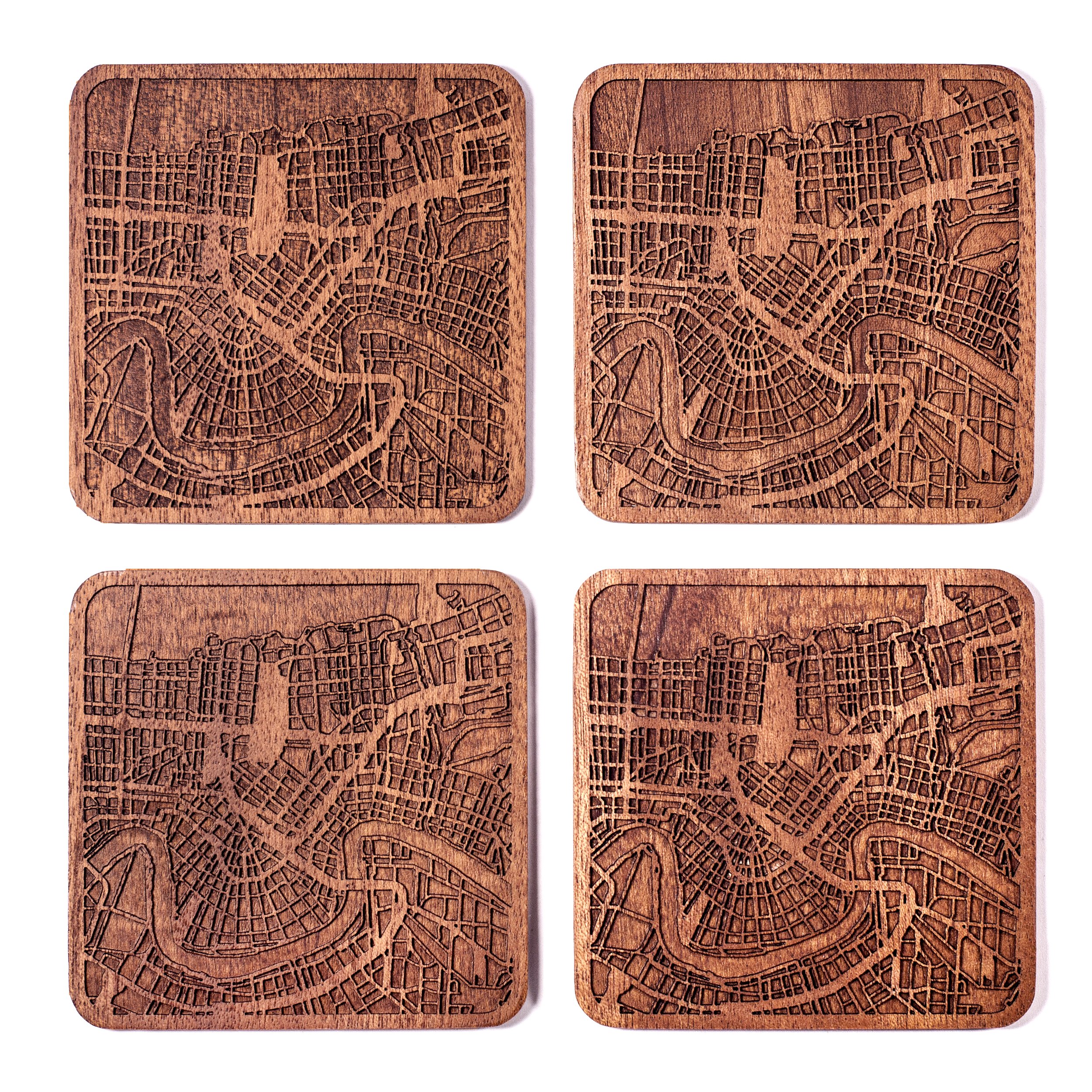 New Orleans Map Coaster, Set of 4, Sapele Wooden Coaster with City Map, Handmade
