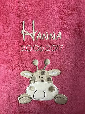 Babydecke bestickt mit Name und Geburtsdatum/kuschelig weich / 1A Qualität (Hellpink - GIRAFFE)