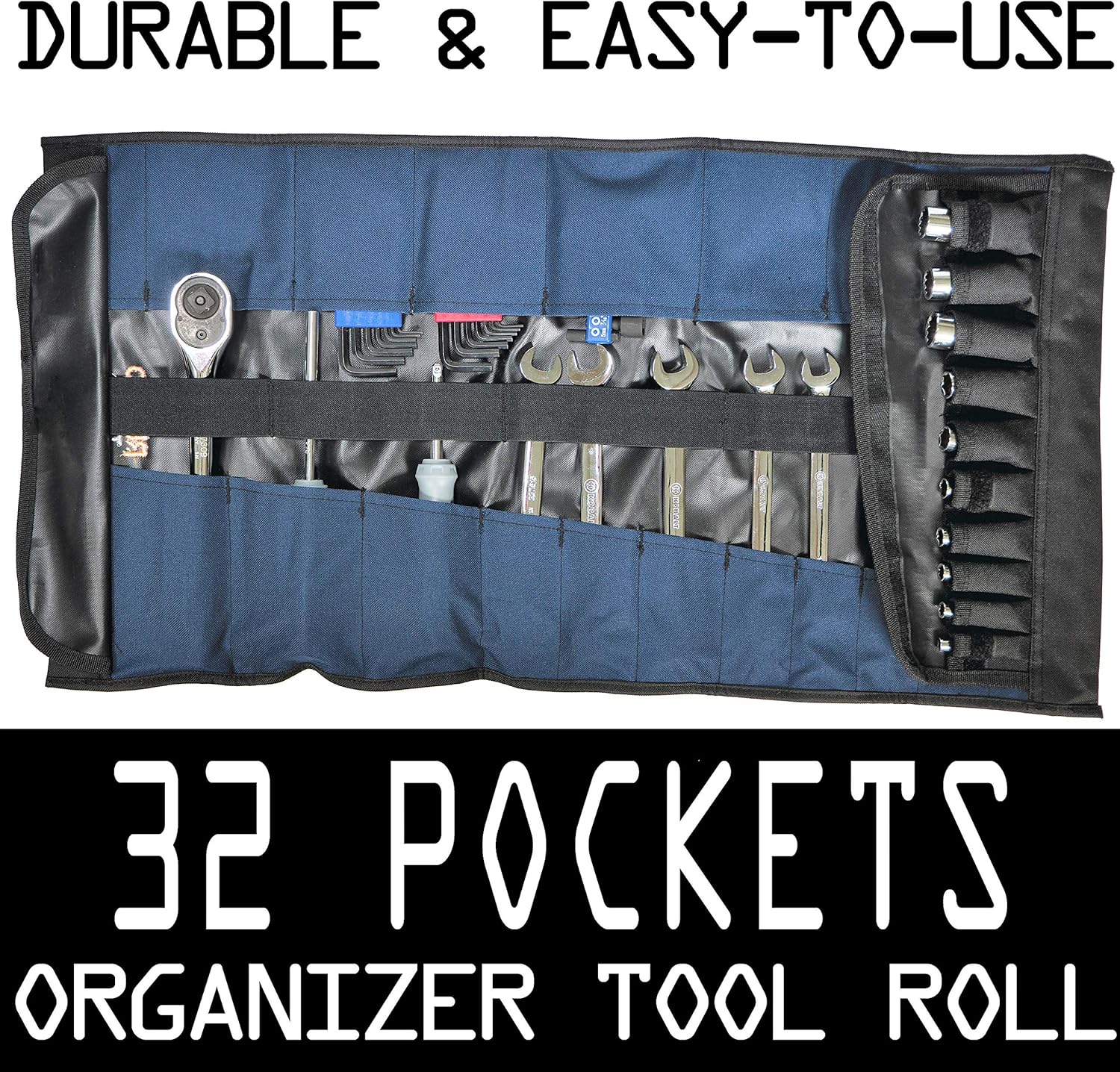 32 Pocket Tool Roll Organizer - Wrench Organizer & Tool Pouch - Wrench Roll Includes Pouches for 10 Sockets - Roll Up Tool Bag for Electrician, HVAC, Plumber, Carpenter or Mechanic - from Rugged Tool: Sports & Outdoors