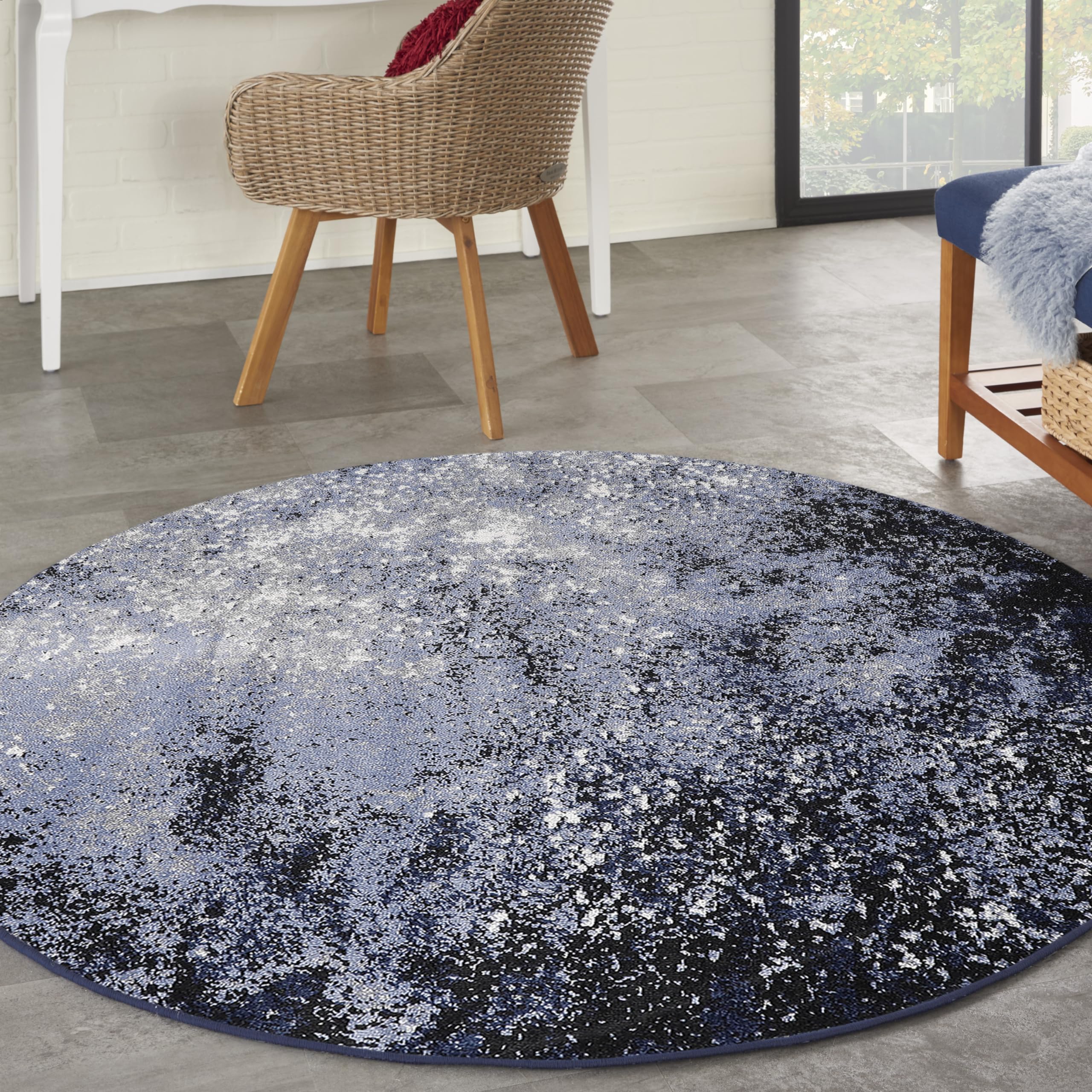 Nourison Home Passion 4' x Round Light Blue Black Fabric Modern Area Rug (4' Round) Image