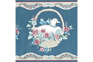 CONCORD WALLCOVERINGS ™ Wallpaper Border Country Pattern Ducks Baskets Flowers for Cottage Kitchen Dining Room, Blue Red Green Brown Gray, 9 Inches by 15 Feet 750-7192B