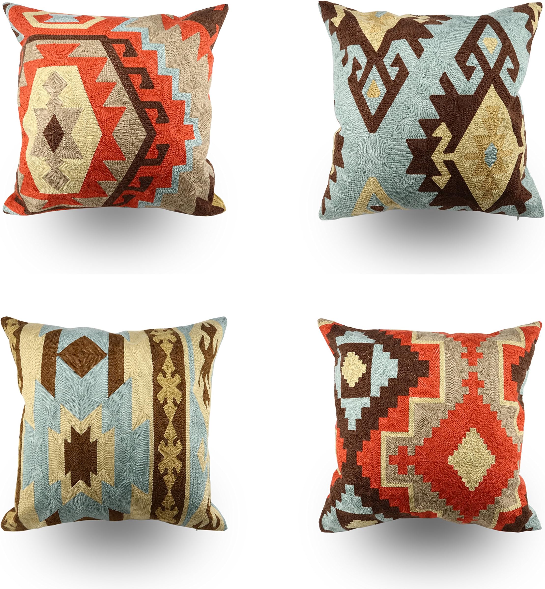 Hodeco Embroidery Throw Pillow Covers 18x18 Inches Indian Style Decorative Floor Pillows Cover for Couch 100% Cotton Cushion Cover Pillow Case, Bohemian Design Embroidered, Multi Colors, Pack of 4