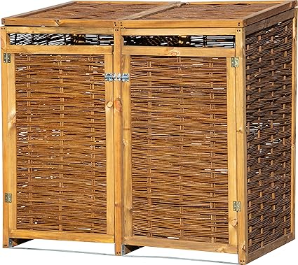 dobar Wetterfeste Doppel Box aus Holz, aufklappbares Mülltonnen-Versteck für Zwei 240l Tonnen, ungeschälte Weide, braun, 137 