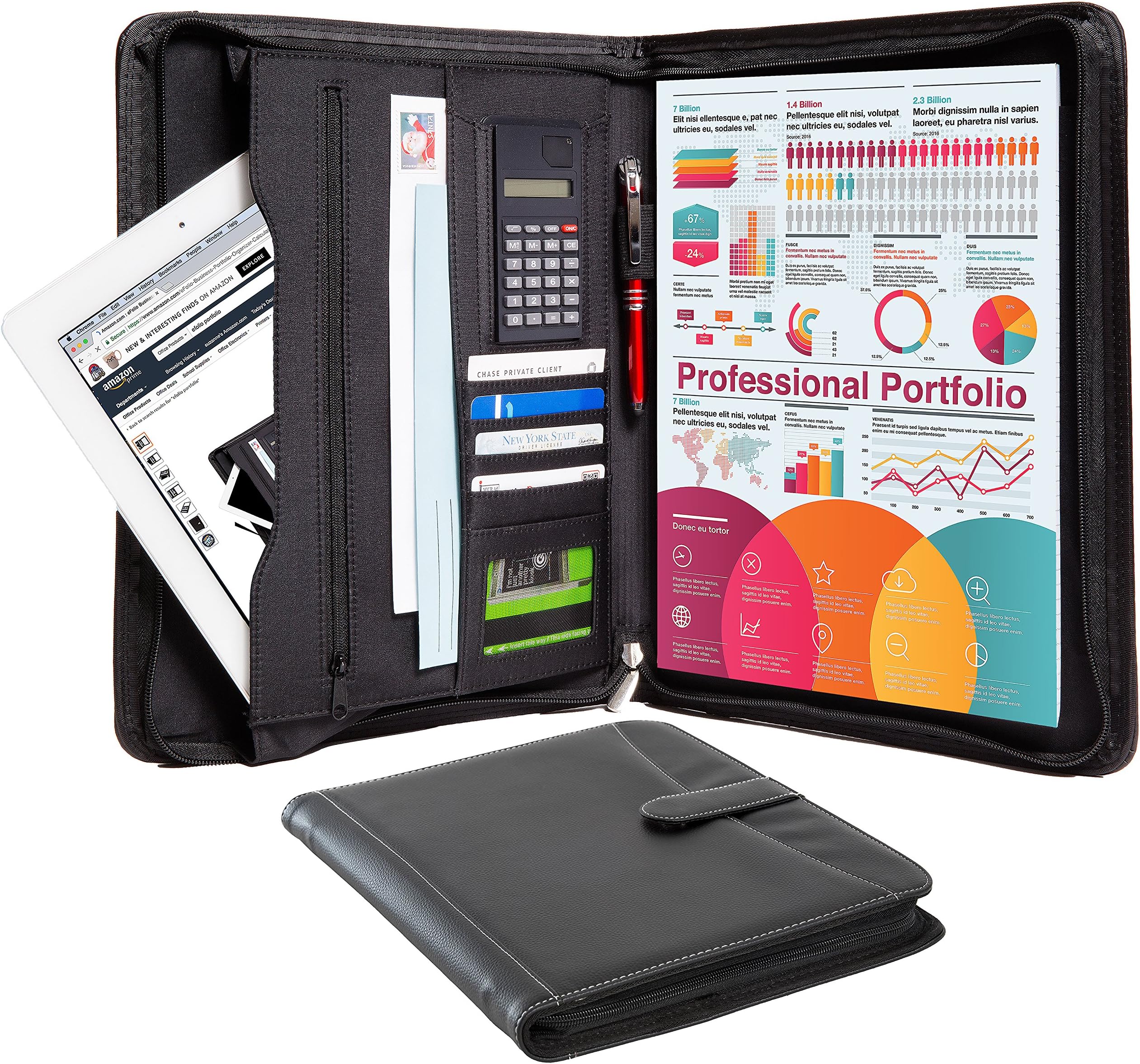 Business Portfolio Padfolio Professional Genuine Pebble Leather Zippered Organizer with Tablet Holder, A4 Letter Size Writing Pad, Calculator, Card Holder, Document Folder and Outside Pocket, Black