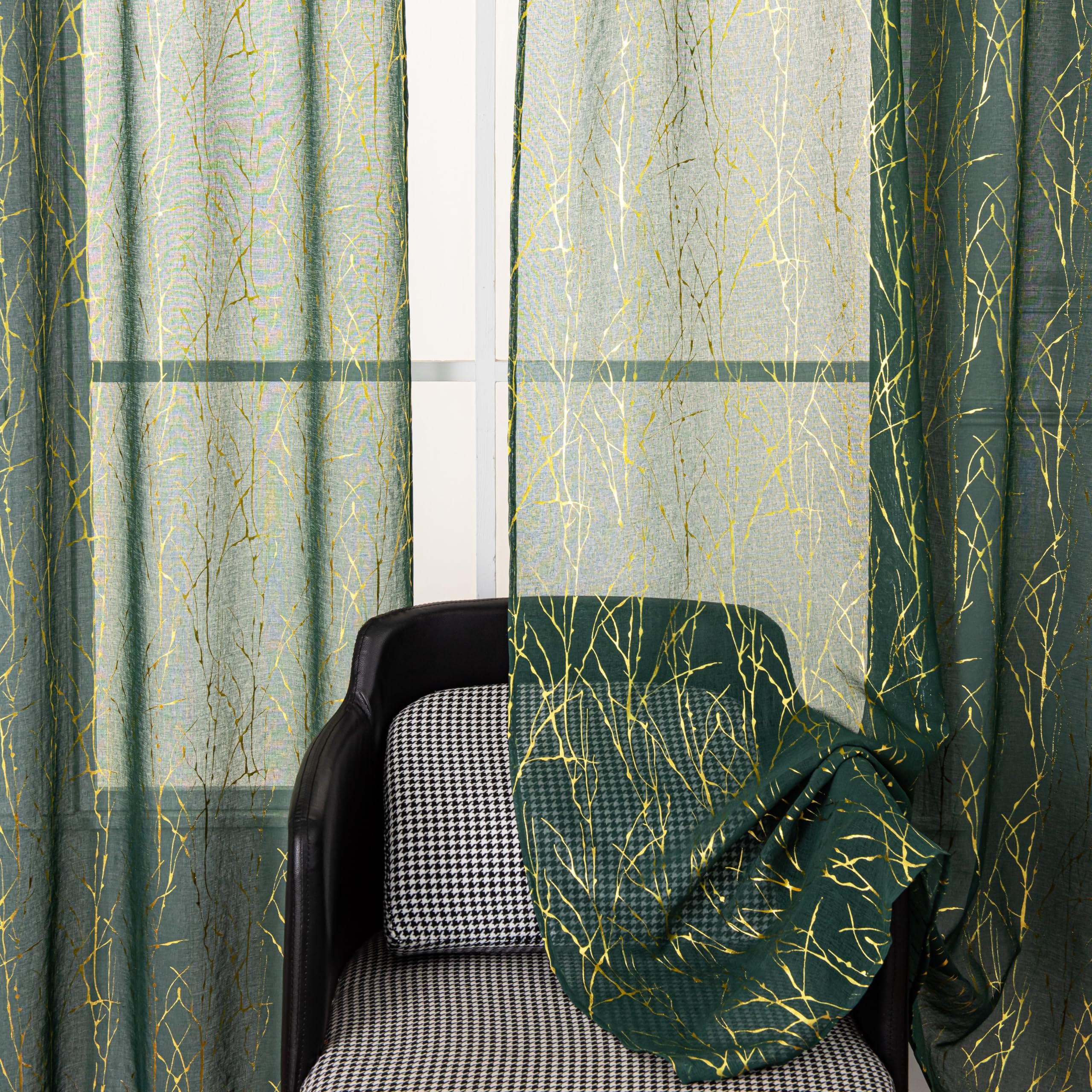 Sutuo Home Sheer Curtains 84 Inches Long 2 Panels Set, Gold Foil Print Metallic Bronzing Branch, Privacy Voile Window Treatment Decor Drape Pair for Bedroom Living Room 52" W x 84" L, Emerald Green
