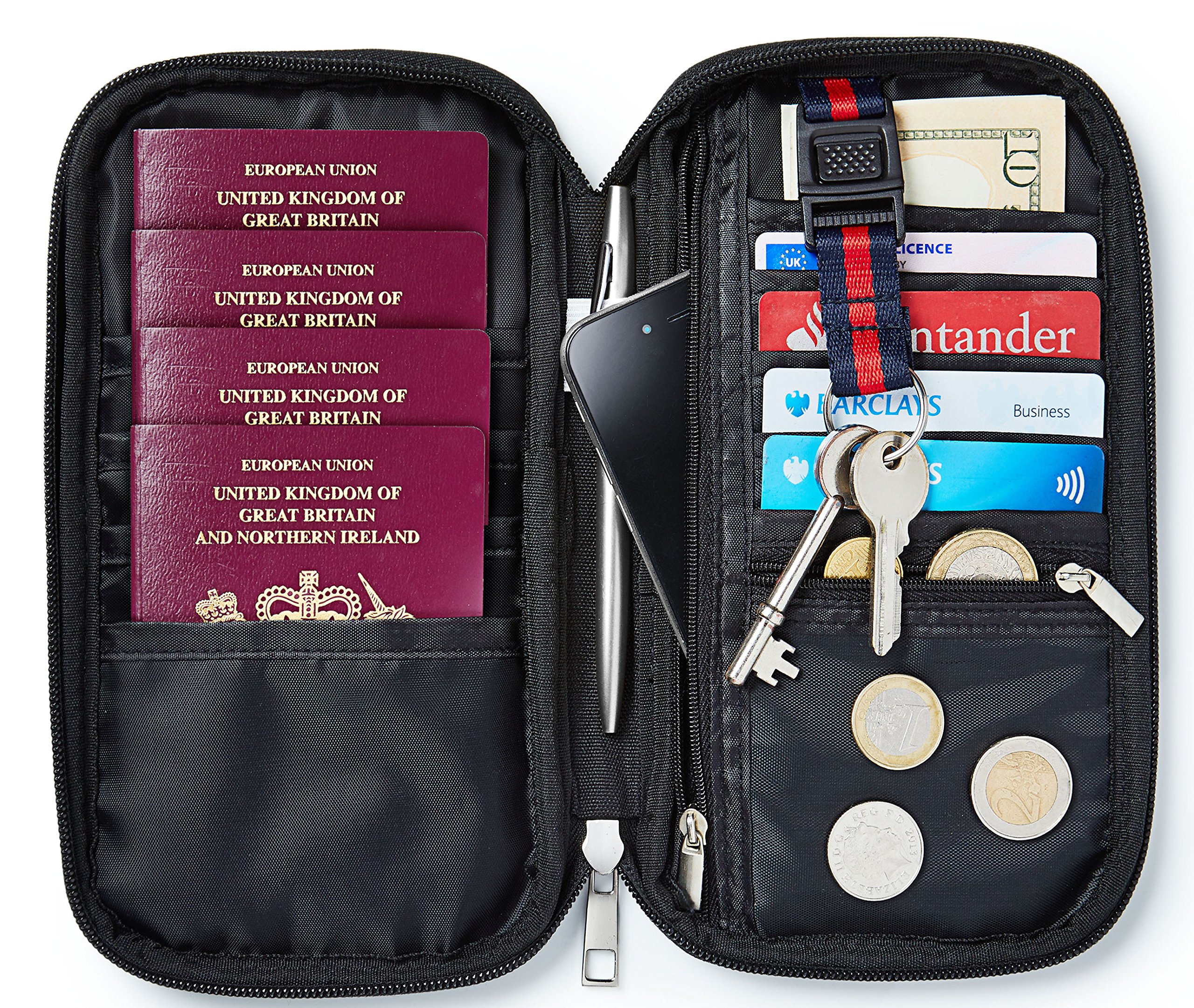 Quality Multi Purpose Travel Document Boarding Pass Organiser Passport Wallet Ticket Credit Card Holder W/Detachable Key Holder (Black)