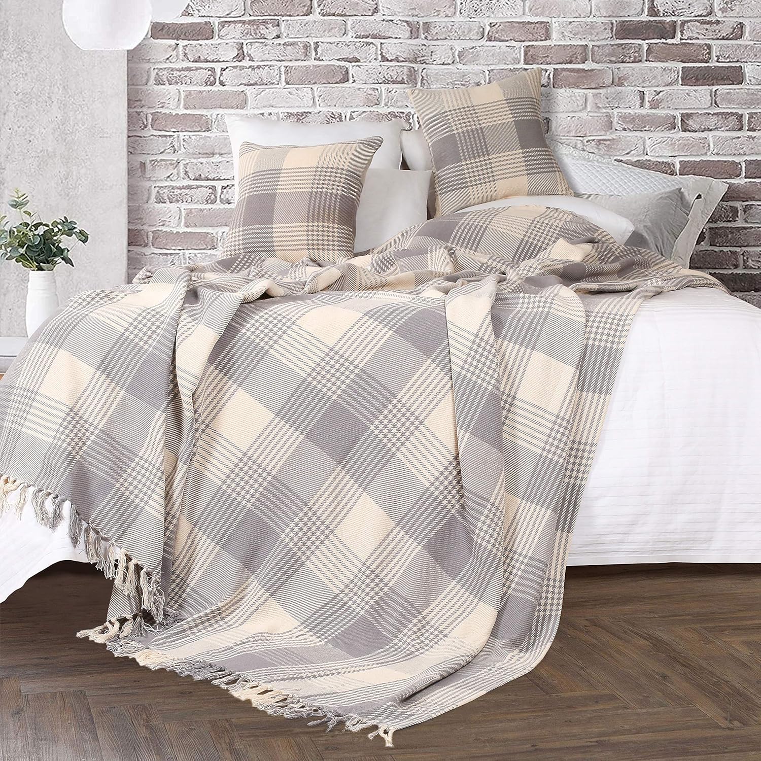 EHC Premium Reversible 100% Cotton Large 250 x 380cm Super King Size Tartan Throws for Sofa Bedspread, Grey - Image 4