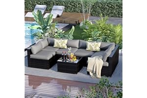 ELEGIBLISS 7 Pieces Patio Furniture Set - Outdoor Sectional Wicker Rattan Furniture with Cushion and Glass Table Patio Conversation Sets for Porch Poolside Backyard Outdoor Sofa Set Modular Sofa