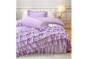 MOOWOO Girls Bedding,Waterfall Ruffle Duvet Cover -Queen 3 Piece Shabby Chic Bedding Solid Color Soft and Breathable with Zipper Closure,Corner Ties,Aesthetic Bedding